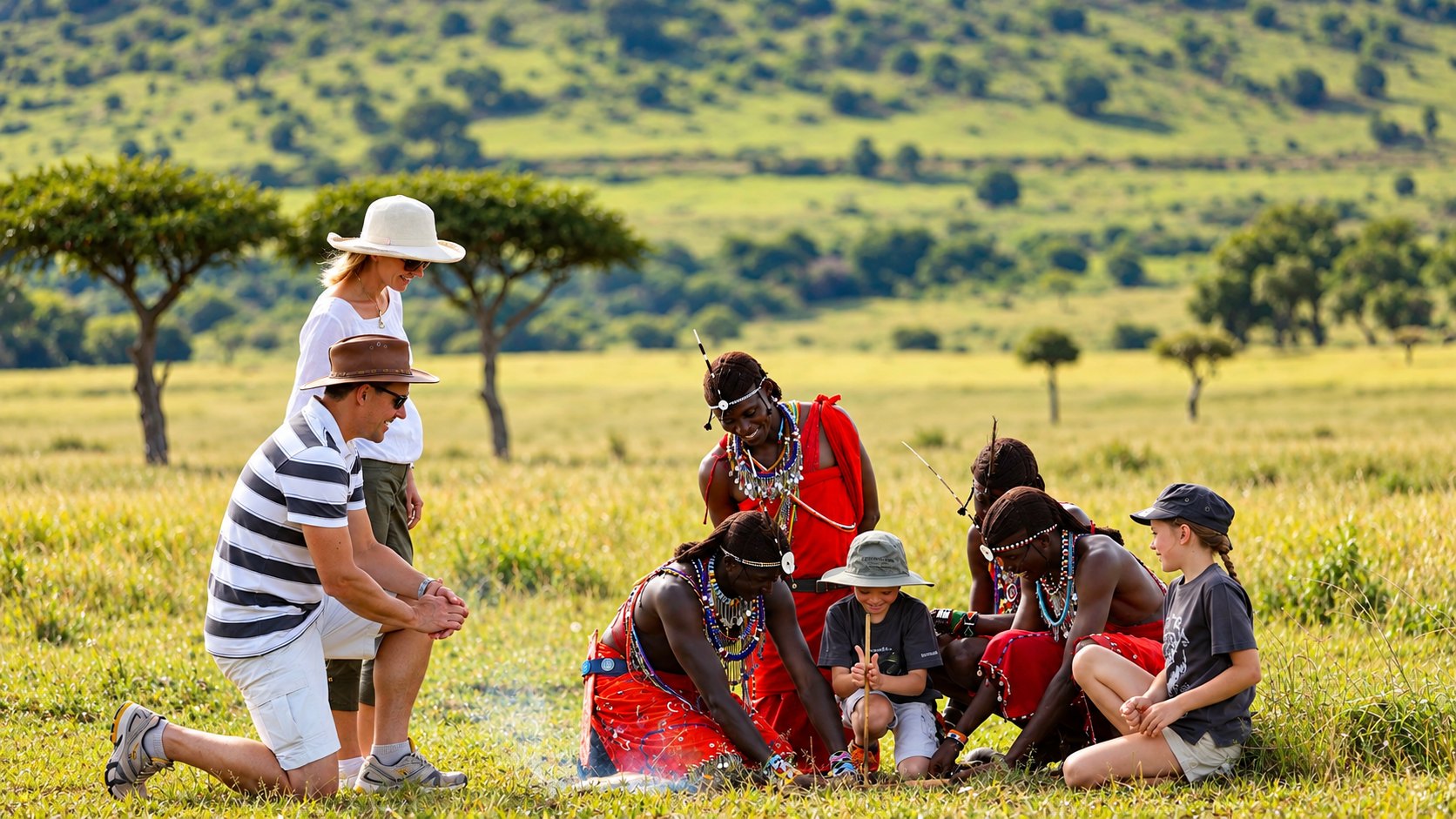 A family enjoying a Maasai cultural experience on a Tanzania safari
