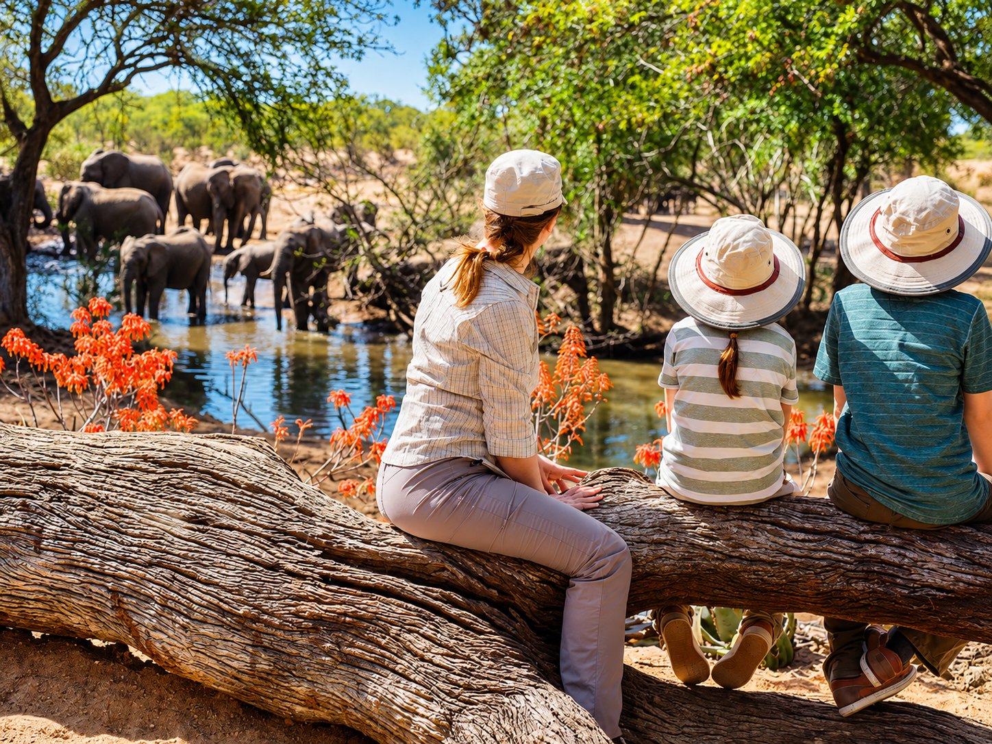 Family watching elephants at a waterhole