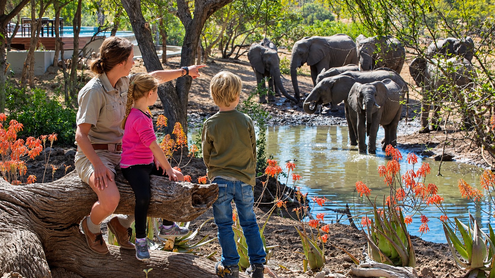 Safari guide and children watching elephants