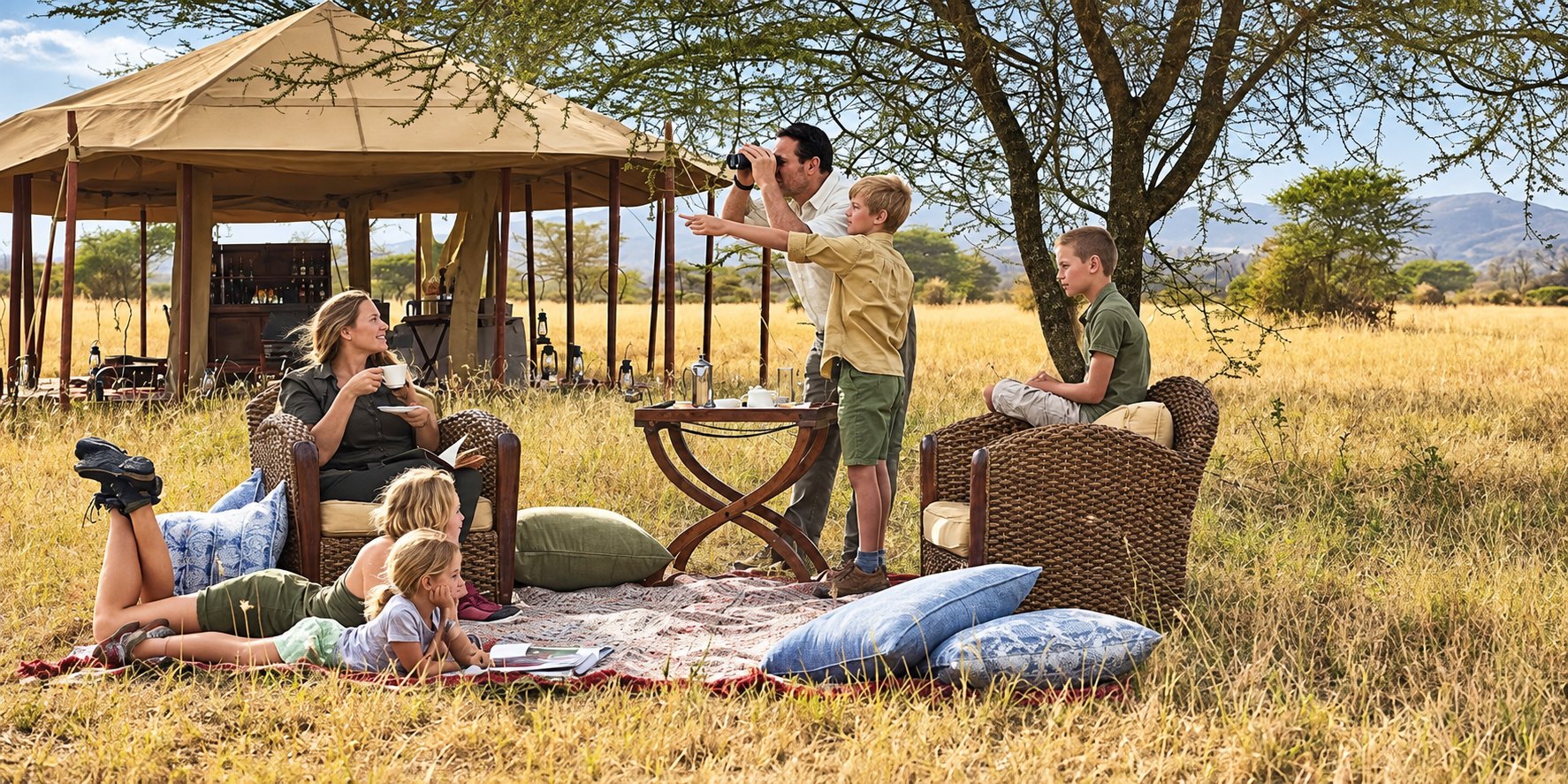 Family enjoying a private safari picnic beneath acacia trees