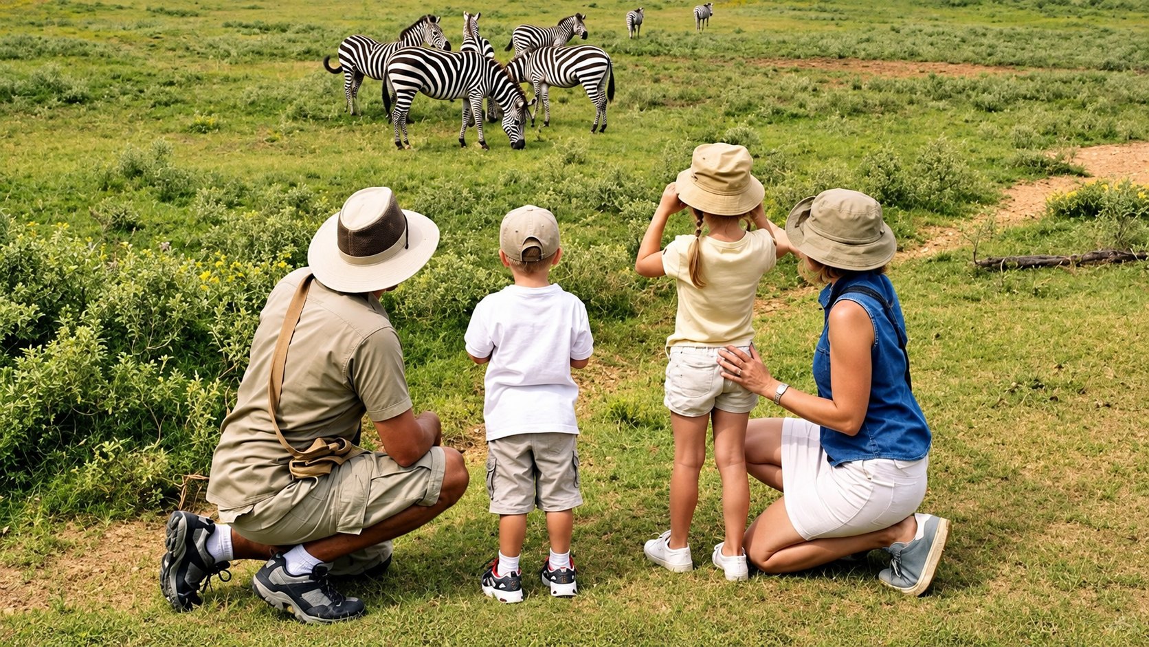 Family watching zebras on a Tanzania safari