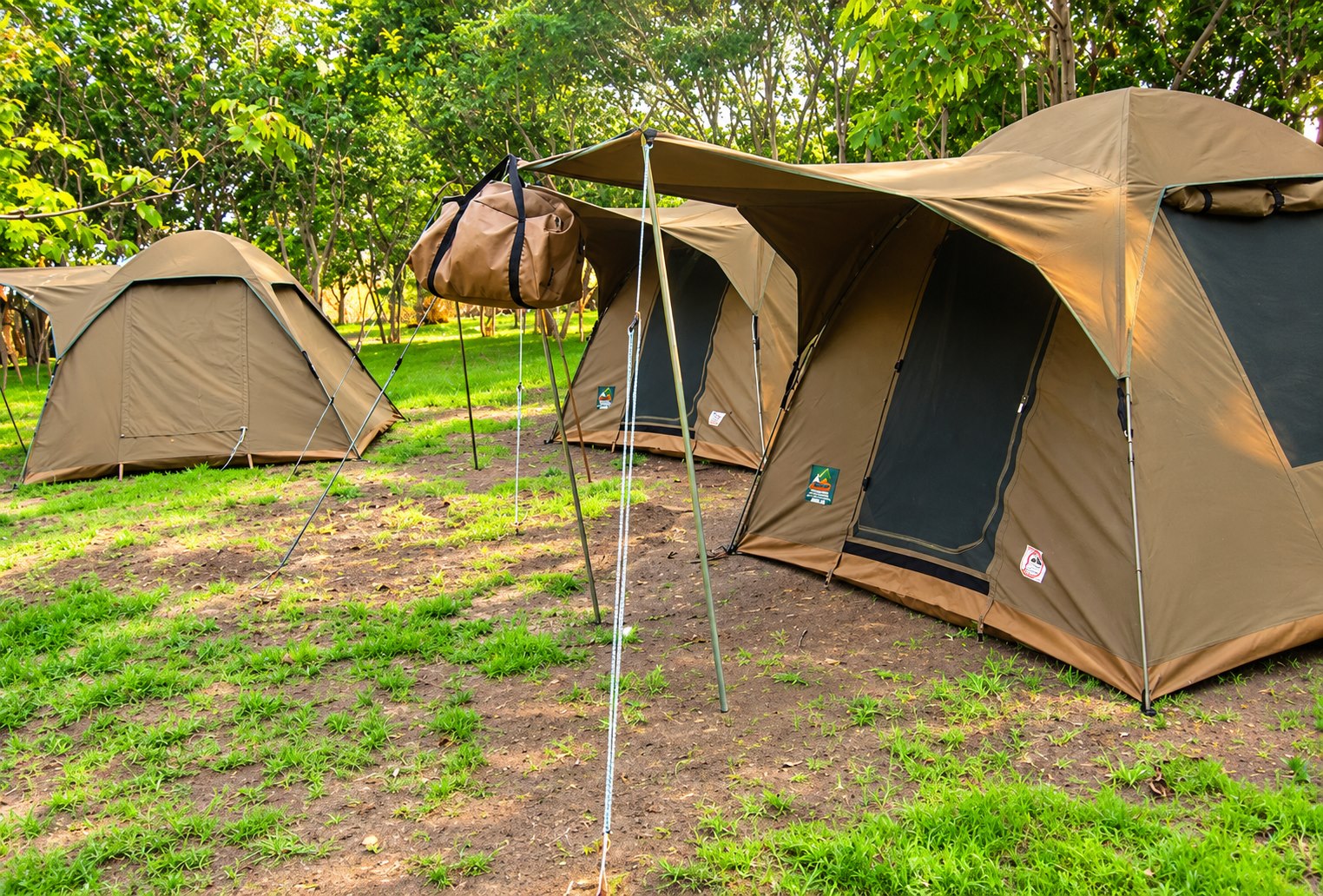 Safari camping tents in a shaded green campsite