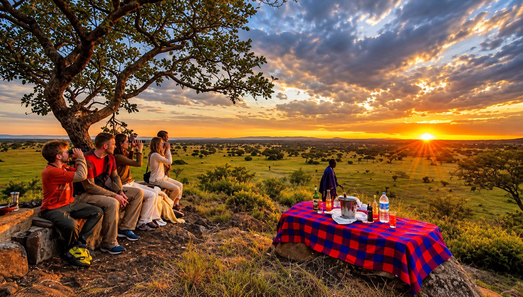 Safari guests watching the sunset across the savanna