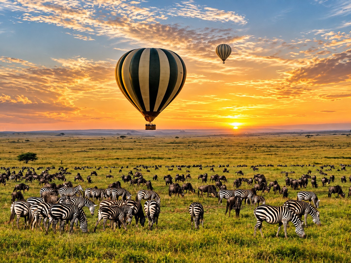 Hot air balloons above zebras and wildebeest on the savanna at sunrise