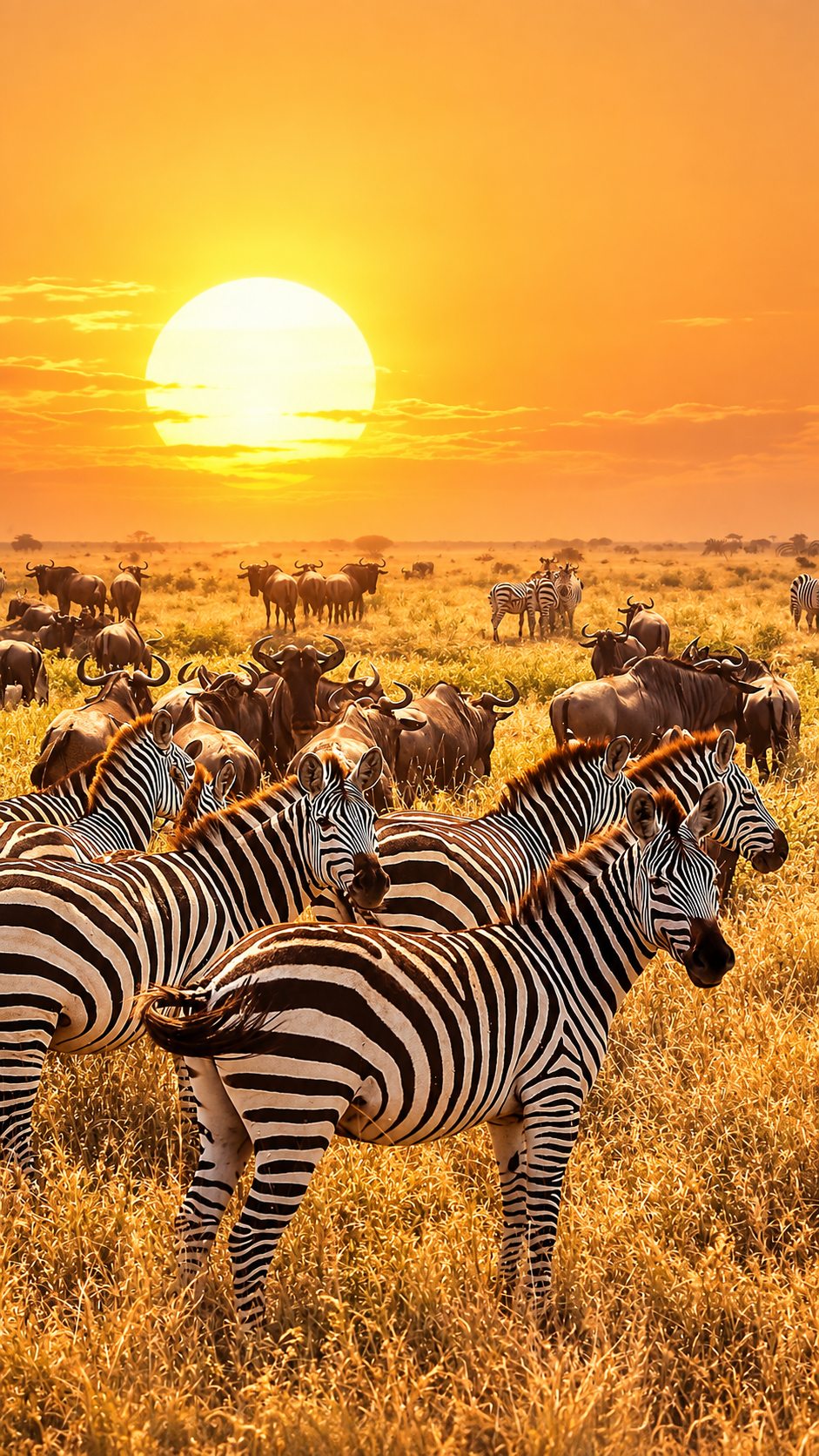 Zebras and wildebeest crossing the Serengeti at sunrise during the Great Migration